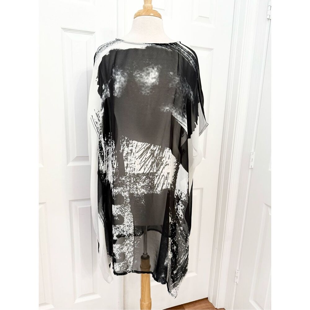 Moyuru Black White Abstract Sheer‎ Dolman Sleeve Tunic Dress Kimono Topper M
